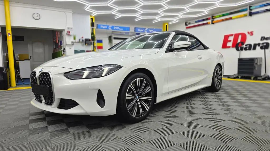 BMW Seria 4 Cabrio alb protejat cu folie PPF în atelierul ED’s Detailing Garage din București